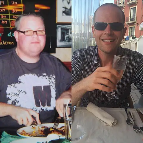 image of neil roberto williams when he weighed over 23 stone on the left, wearing a XXXL tshirt and eating food. on the right is him having lost ten stone, looking slimmer and healthier for his weight loss